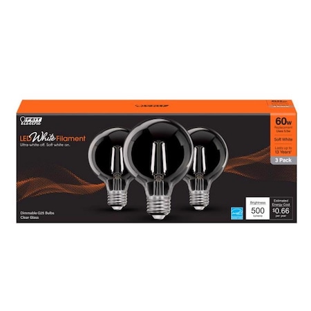 Feit Electric Feit White G25 E26 (Medium) Filament LED Bulb Soft White 60 Watt Equivalence 3 pk G2560927CAWFIL3